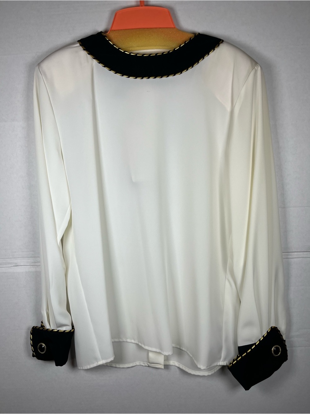 Retro 1980s/1990s Cream Long-Sleeve Blouse with Black Trim